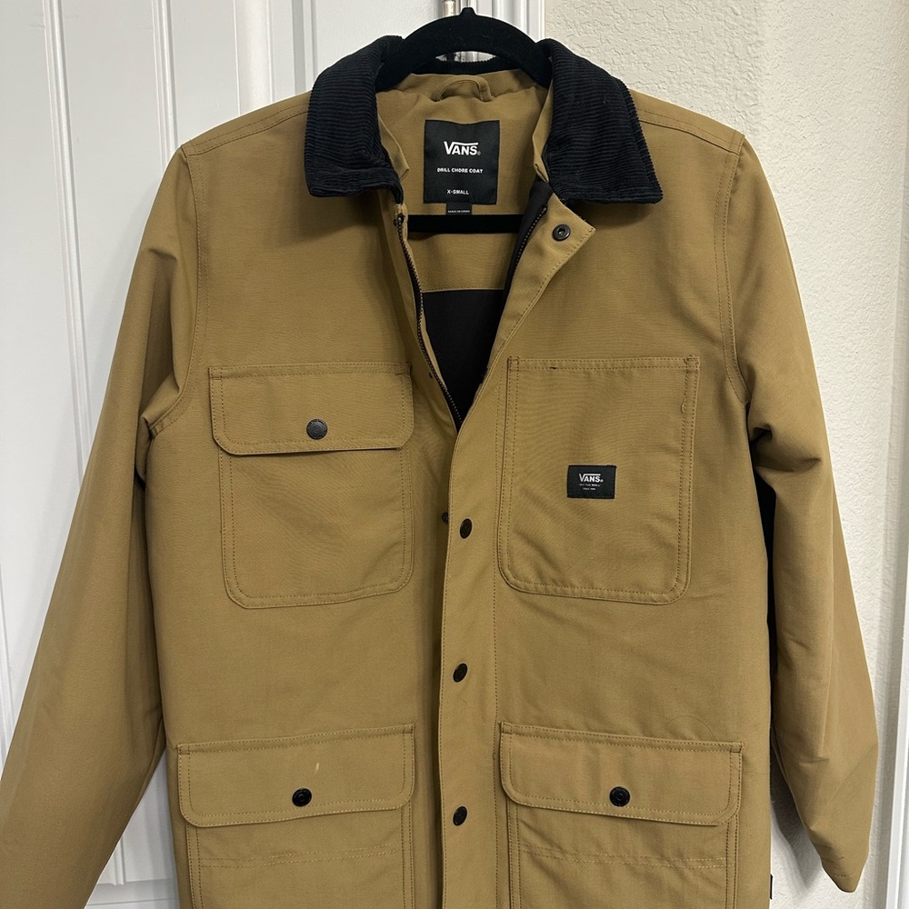 Vans Men's Brown Barn Jacket with Black Accents and a removable zip hood